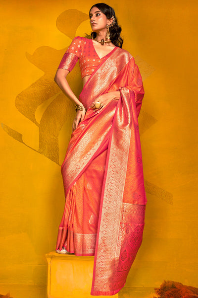 Allure Orange Soft Banarasi Silk Saree With Vibrant Blouse Piece
