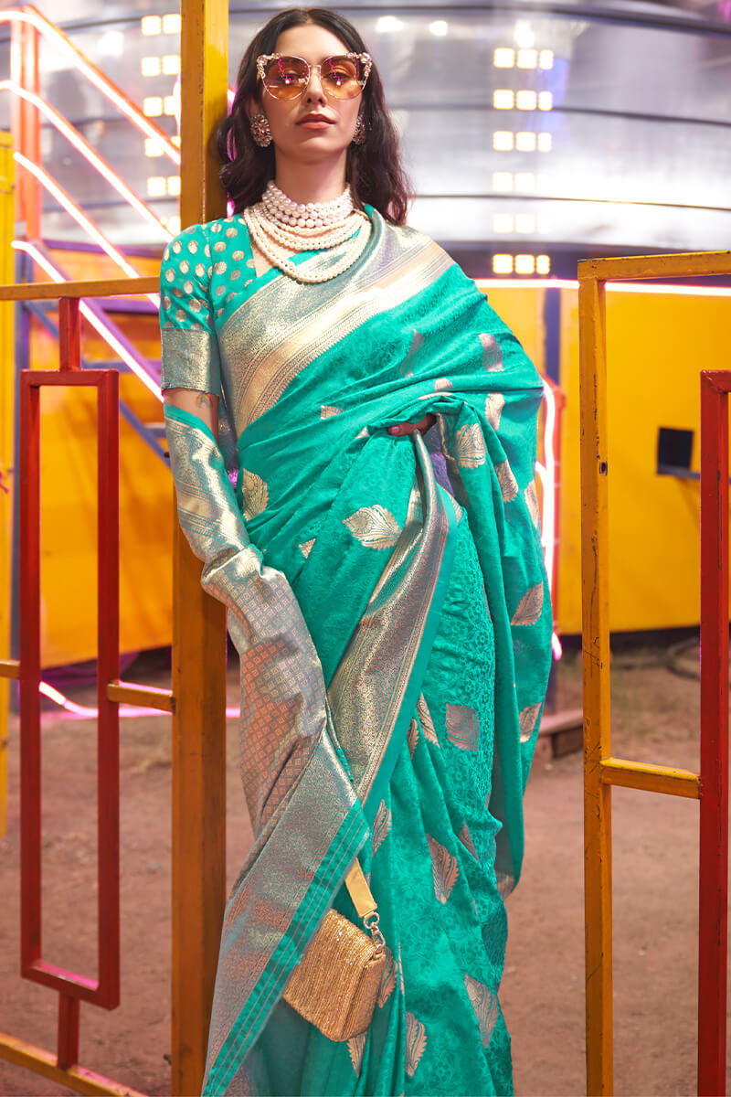 Prominent Turquoise Soft Banarasi Silk Saree With Desirable Blouse Piece