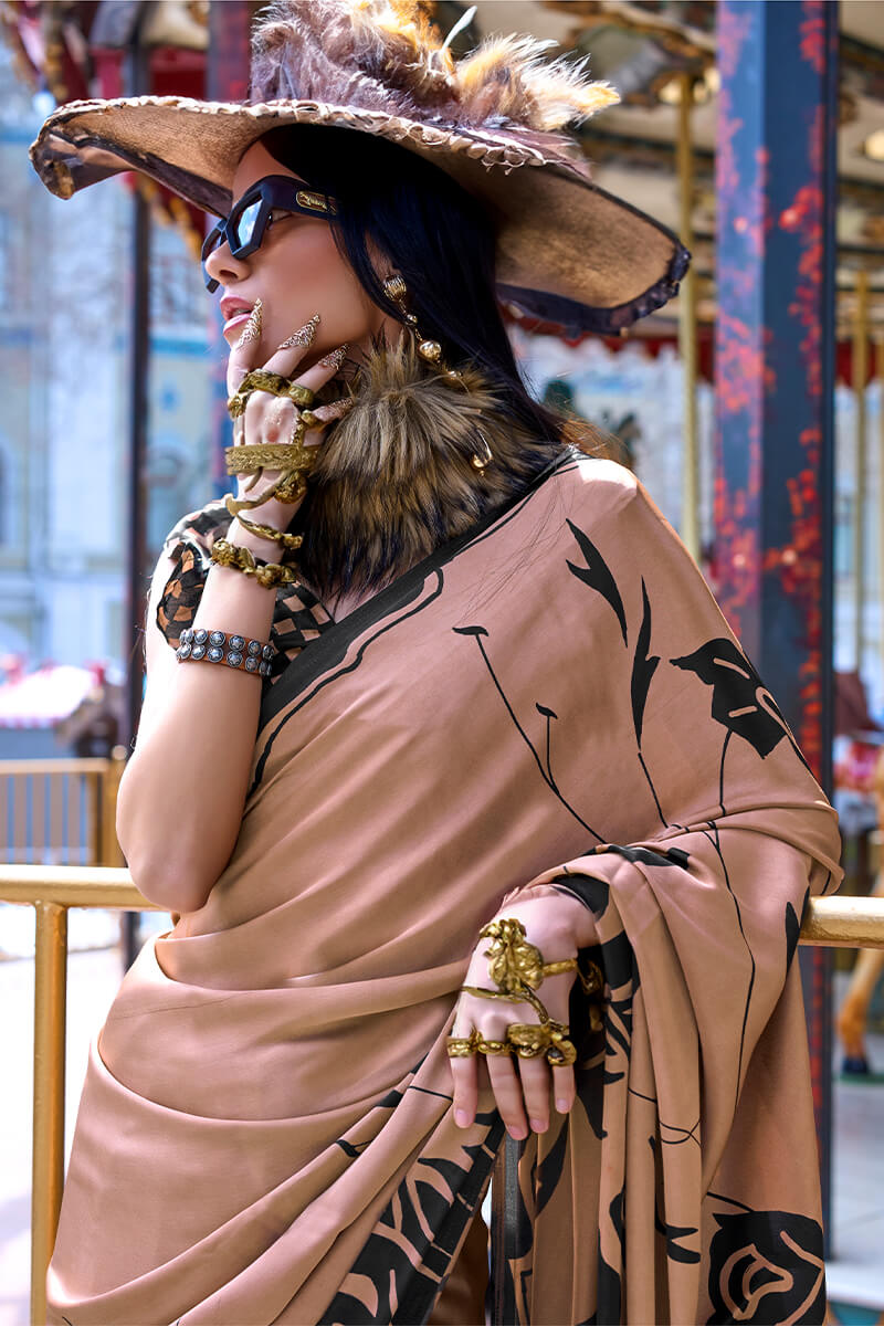 Demesne Brown Digital Printed Satin Silk Saree With Serendipity Blouse Piece