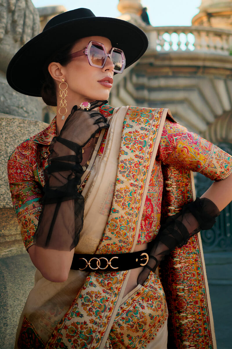 Pleasurable Beige Pashmina saree With Resonant Blouse Piece