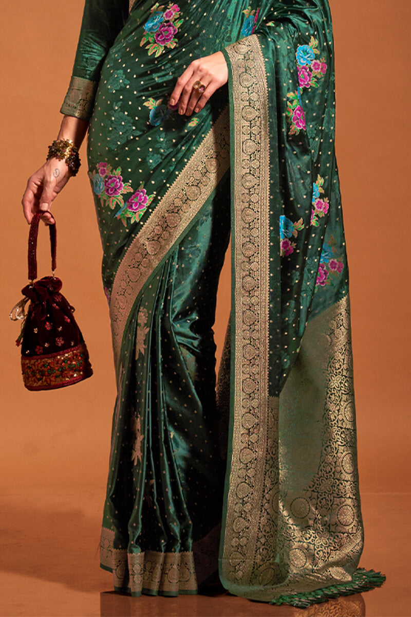 Propinquity Dark Green Banarasi Satin Silk Saree With Susurrous Blouse