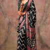 Comely Black Ajrakh Printed Satin Silk Saree With Demanding Blouse Piece