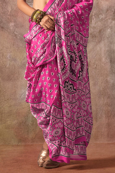 Assemblage Dark Pink Ajrakh Printed Satin Silk Saree With Sophisticated Blouse Piece
