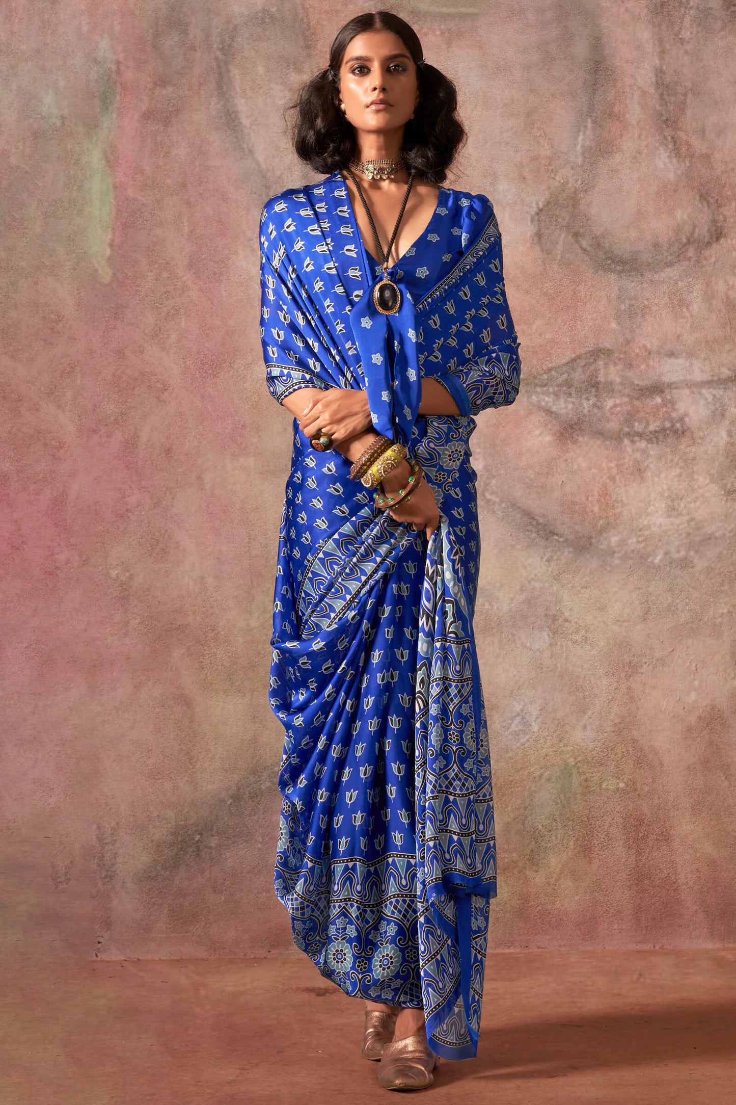Forbearance Blue Ajrakh Printed Satin Silk Saree With Divine Blouse Piece