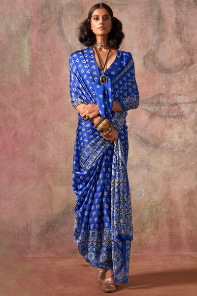 Forbearance Blue Ajrakh Printed Satin Silk Saree With Divine Blouse Piece
