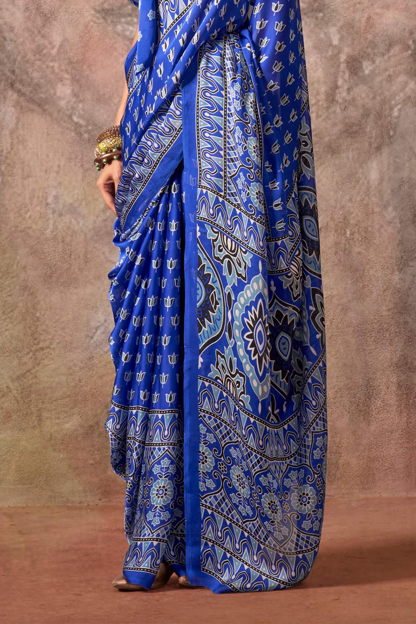Forbearance Blue Ajrakh Printed Satin Silk Saree With Divine Blouse Piece
