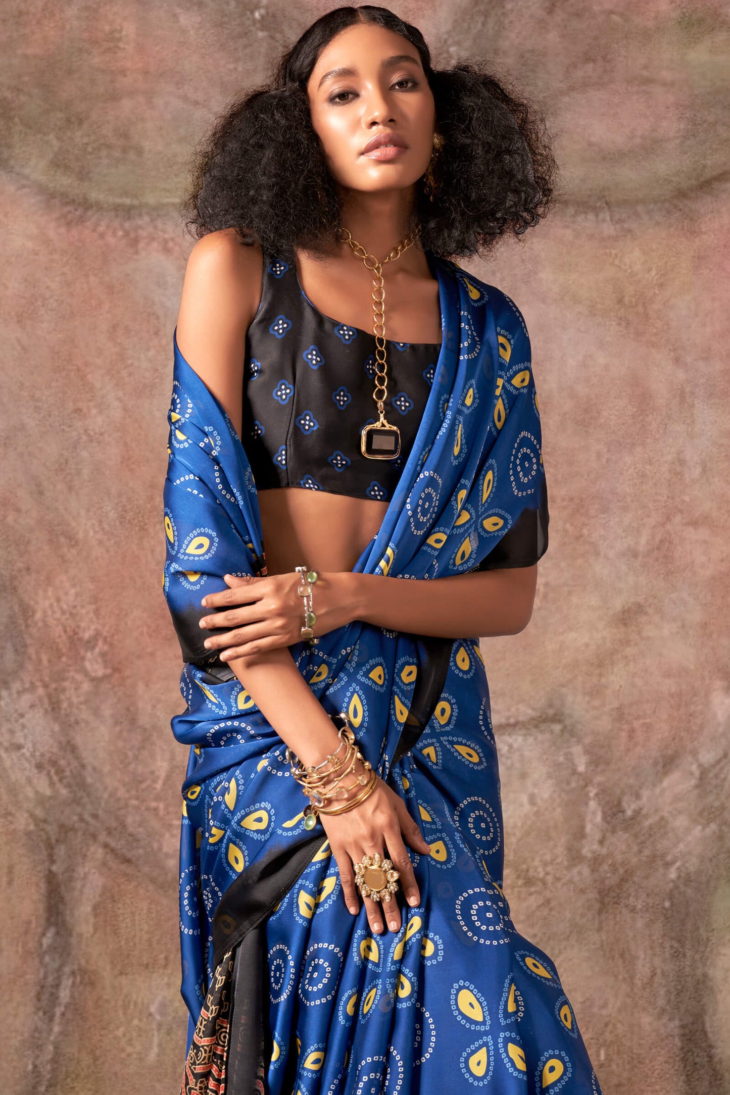 Jazzy Royal Blue Ajrakh Printed Satin Silk Saree With Captivating Blouse Piece