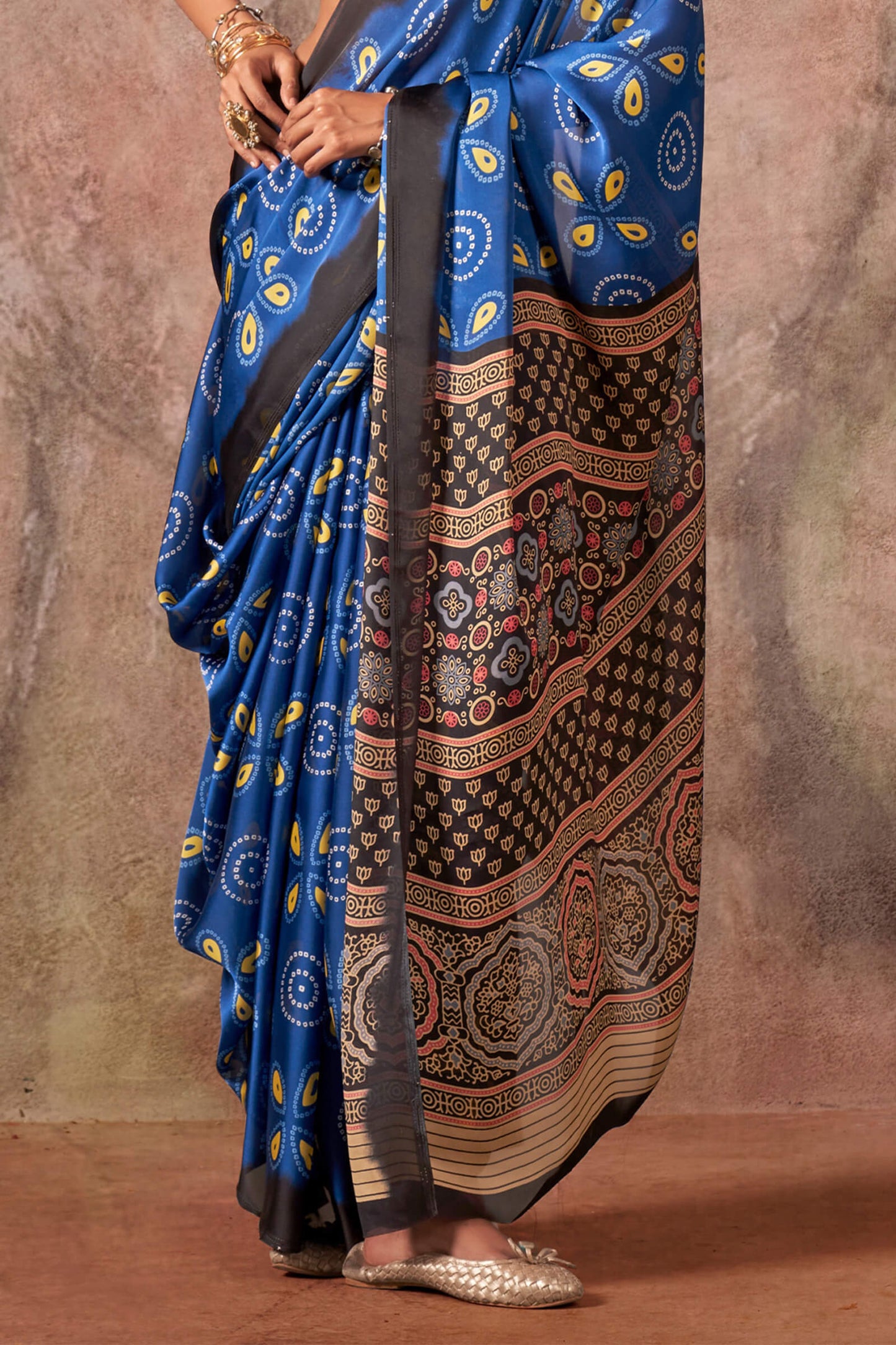 Jazzy Royal Blue Ajrakh Printed Satin Silk Saree With Captivating Blouse Piece