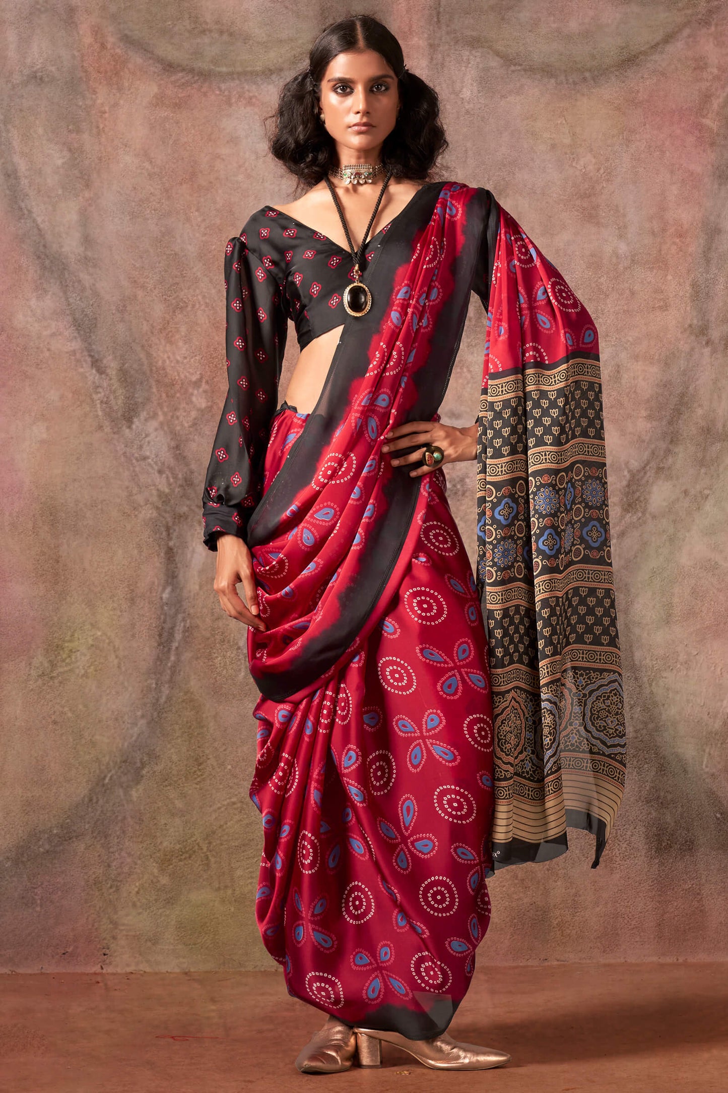 Mesmerising Maroon Ajrakh Printed Satin Silk Saree With Palimpsest Blouse Piece