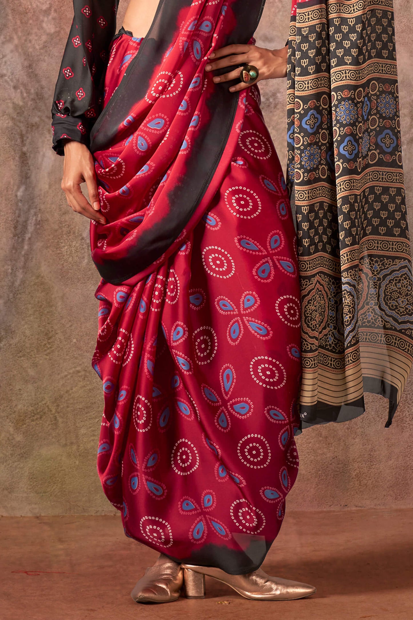 Mesmerising Maroon Ajrakh Printed Satin Silk Saree With Palimpsest Blouse Piece