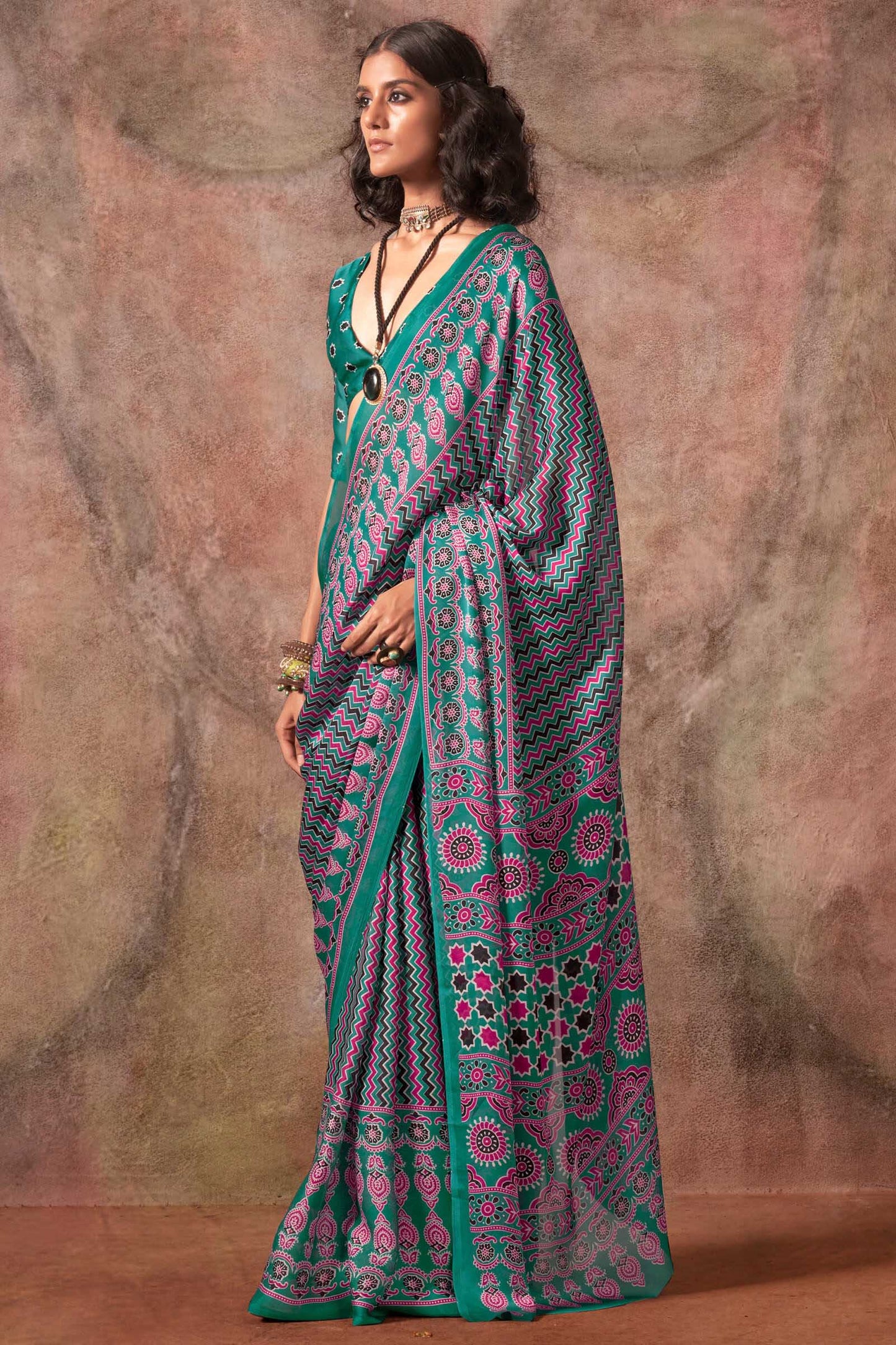 Lagniappe Sea Green Ajrakh Printed Satin Silk Saree With Glamorous Blouse Piece
