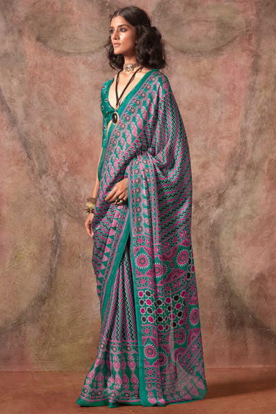 Lagniappe Sea Green Ajrakh Printed Satin Silk Saree With Glamorous Blouse Piece
