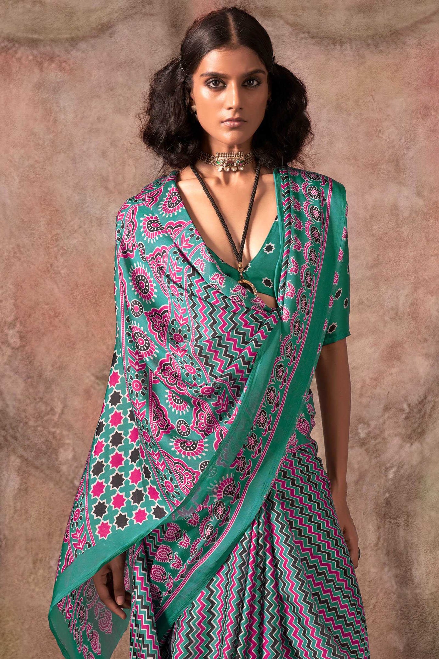 Lagniappe Sea Green Ajrakh Printed Satin Silk Saree With Glamorous Blouse Piece