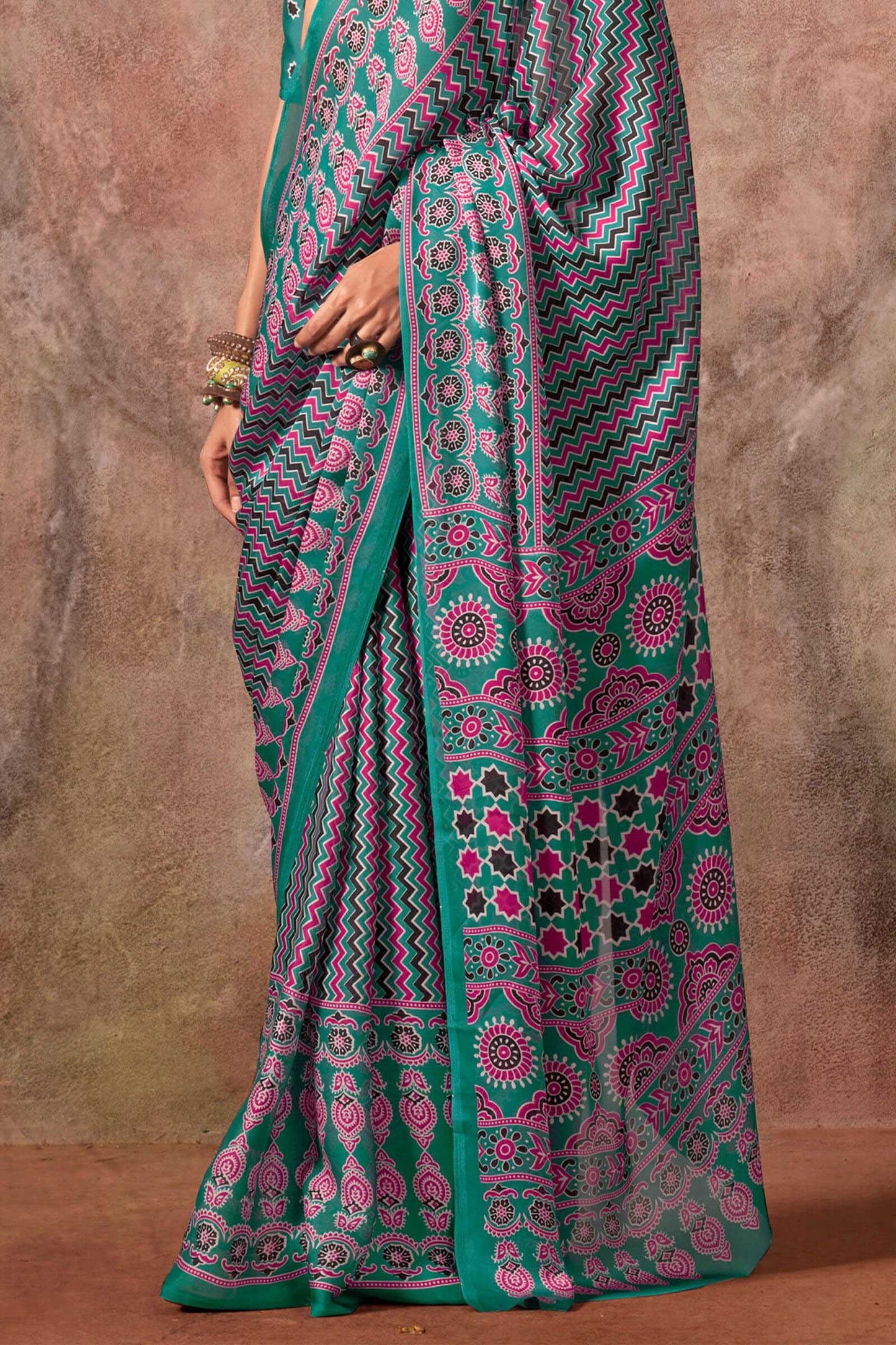 Lagniappe Sea Green Ajrakh Printed Satin Silk Saree With Glamorous Blouse Piece