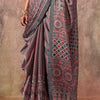 Susurrous Grey Ajrakh Printed Satin Silk Saree With Blissful Blouse Piece