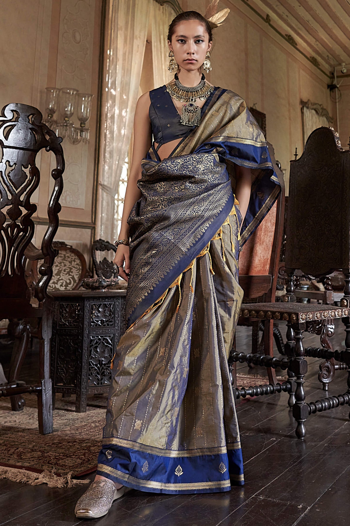Adorning Golden Banarasi Tussar Silk Saree With Ethereal Blouse Piece