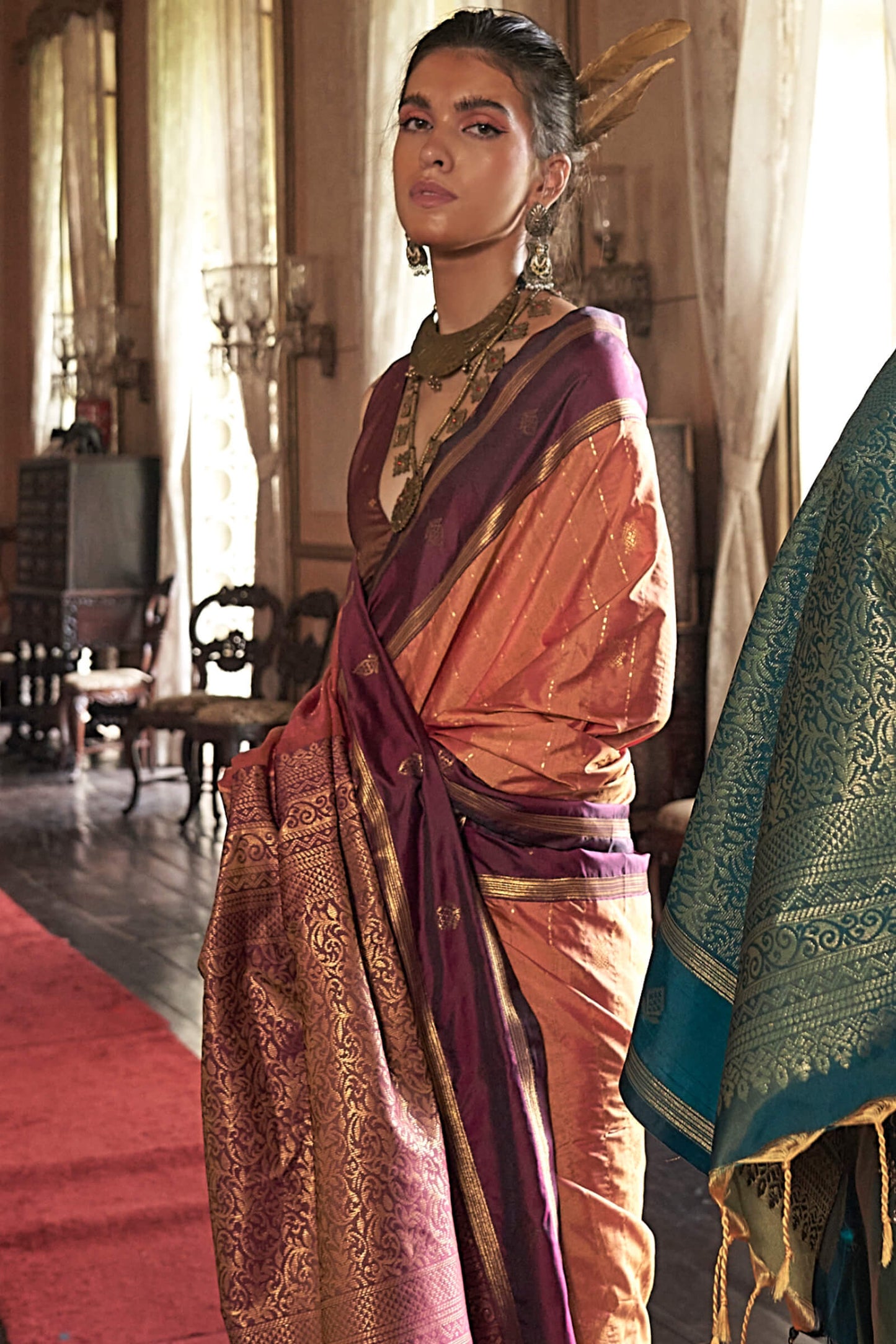 Efflorescence Peach Banarasi Tussar Silk Saree With Seraphic Blouse Piece