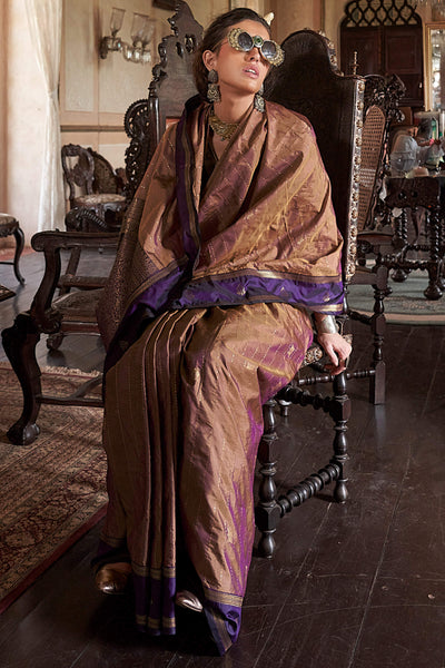 Vibrant Brown Banarasi Tussar Silk Saree With Ethnic Blouse Piece
