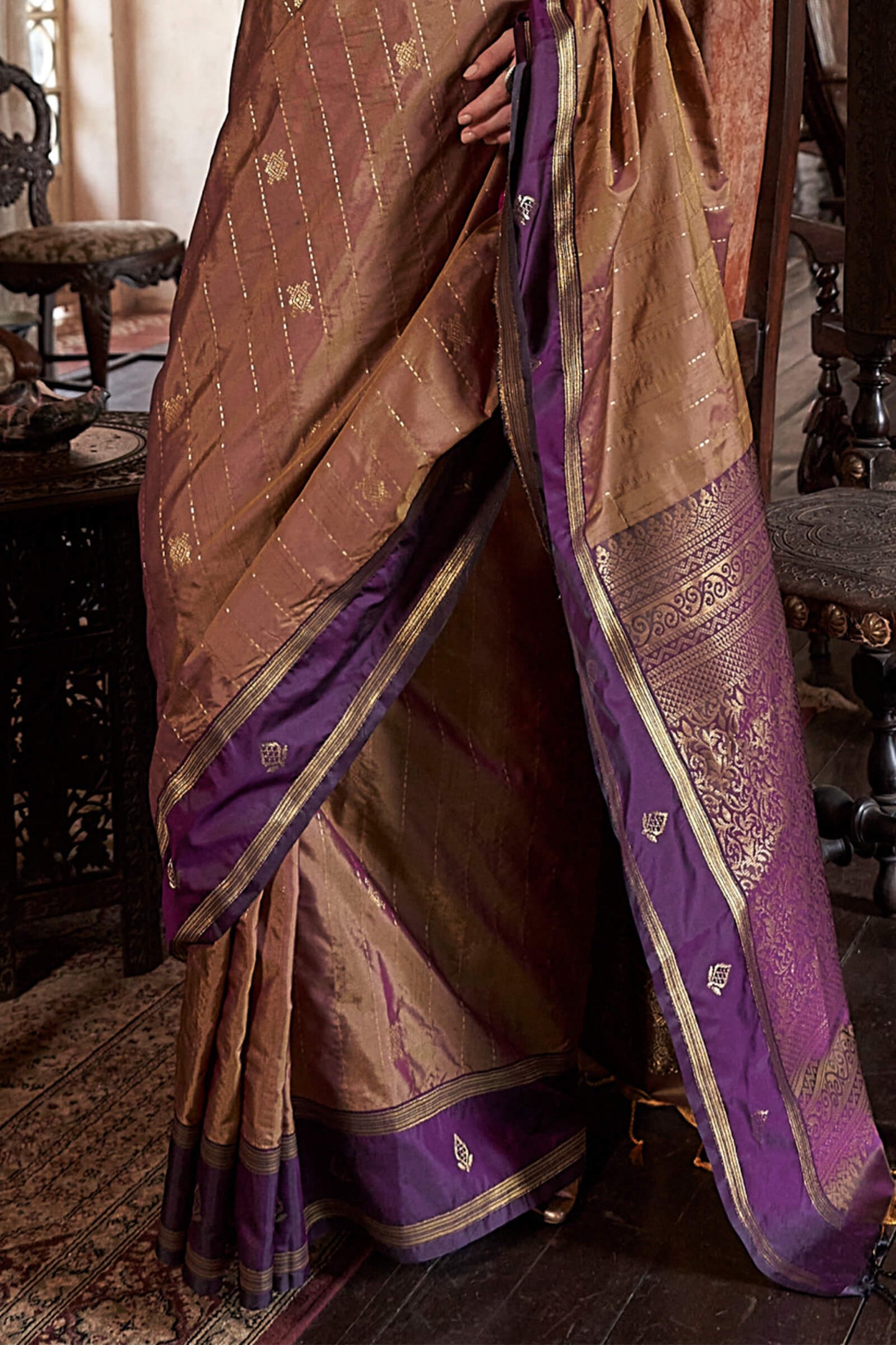 Vibrant Brown Banarasi Tussar Silk Saree With Ethnic Blouse Piece