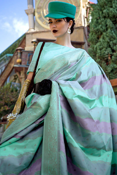 Prettiest Turquoise Soft Banarasi Silk Saree With Blooming Blouse Piece