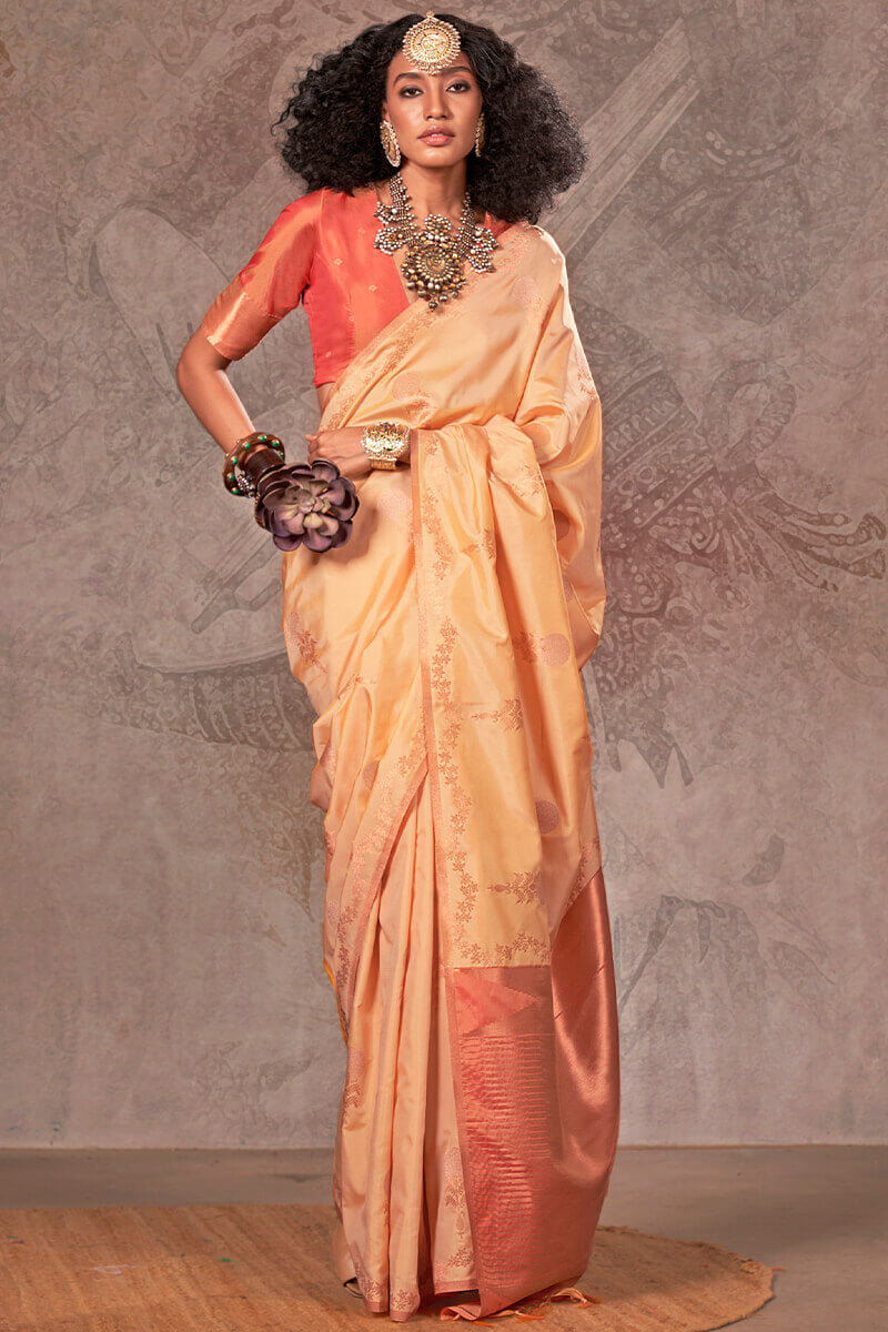 Resplendent Beige Two Tone Soft Banarasi Silk Saree With Desultory Blouse