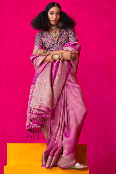 Trendy Magenta Soft Banarasi Tissue Silk Saree With Pleasant Blouse Piece