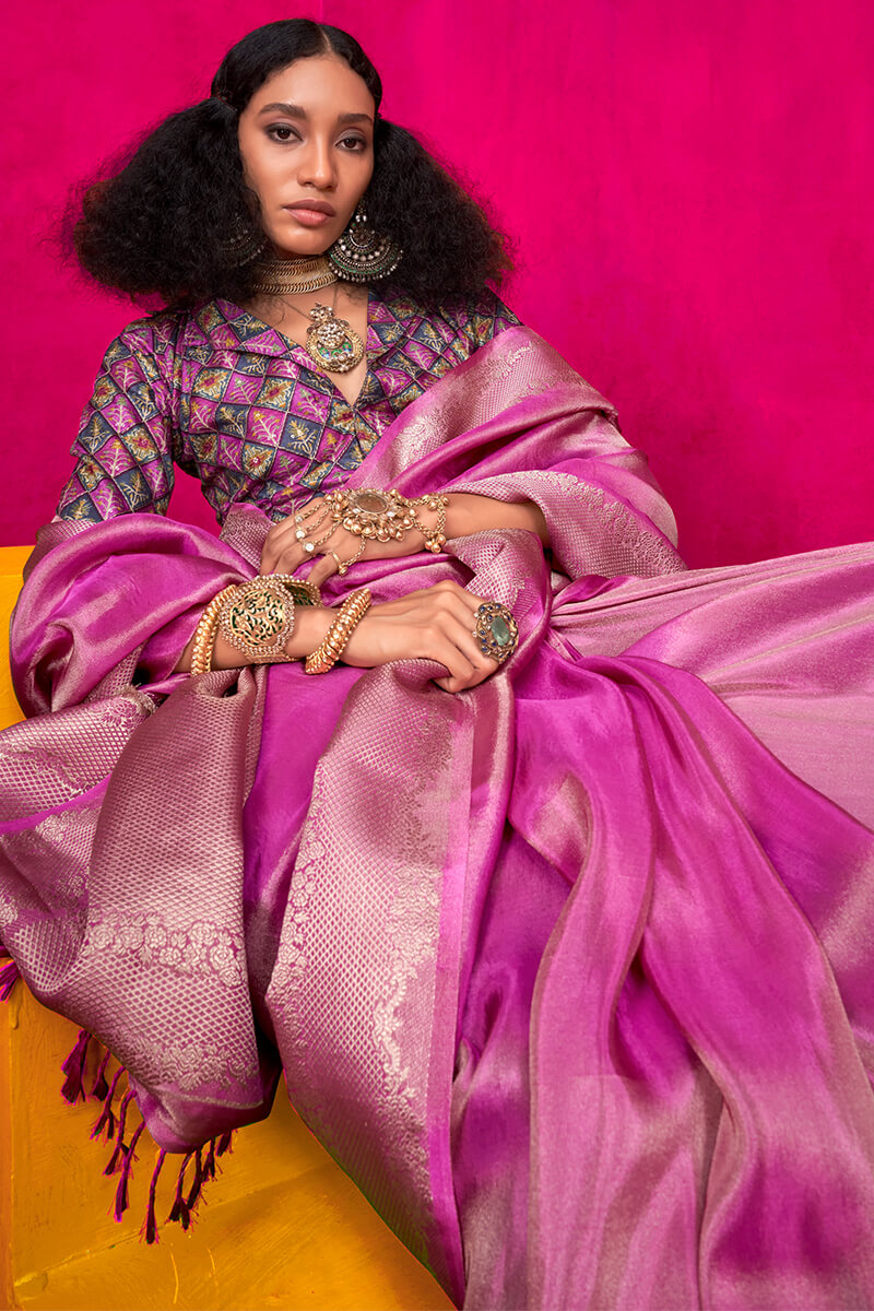 Trendy Magenta Soft Banarasi Tissue Silk Saree With Pleasant Blouse Piece