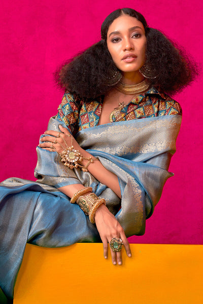 Ravishing Blue Soft Banarasi Tissue Silk Saree With Seraphic  Blouse Piece