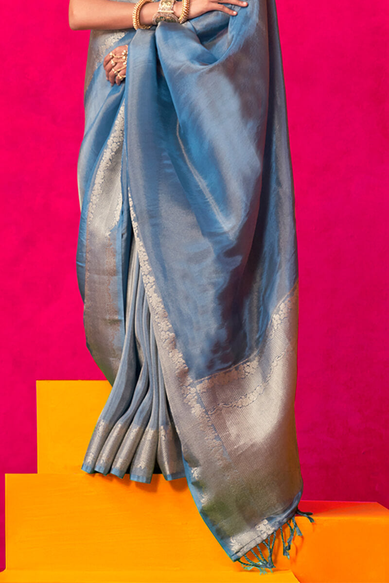 Ravishing Blue Soft Banarasi Tissue Silk Saree With Seraphic  Blouse Piece