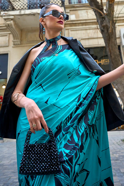 Serendipity Firozi Digital Printed Satin Silk Saree With Moiety Blouse Piece