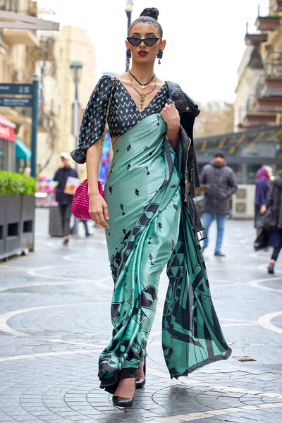 Imaginative Turquoise Digital Printed Satin Silk Saree With Splendiferous Blouse Piece