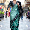 Imaginative Turquoise Digital Printed Satin Silk Saree With Splendiferous Blouse Piece