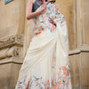 Unique Off White Digital Printed Satin Silk Saree With Charming Blouse Piece