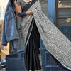 Glowing Off White and Black Digital Printed Satin Silk Saree With Eye-catching Blouse Piece