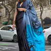 Prominent Black and Firozi Digital Printed Satin Silk Saree With Preferable Blouse Piece