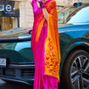 Inspiring Pink and Yellow Digital Printed Satin Silk Saree With Fairytale Blouse Piece