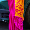 Inspiring Pink and Yellow Digital Printed Satin Silk Saree With Fairytale Blouse Piece