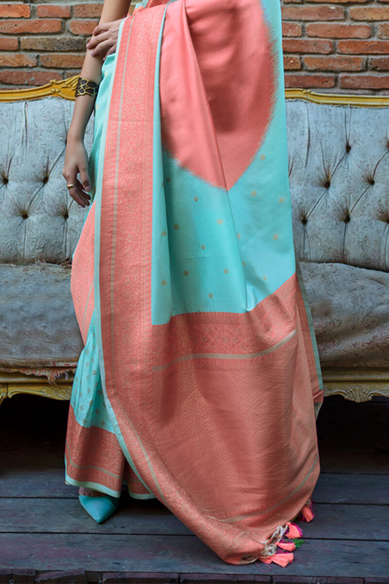 Surpassing Sky Soft Banarasi Silk Saree With Groovy Blouse Piece