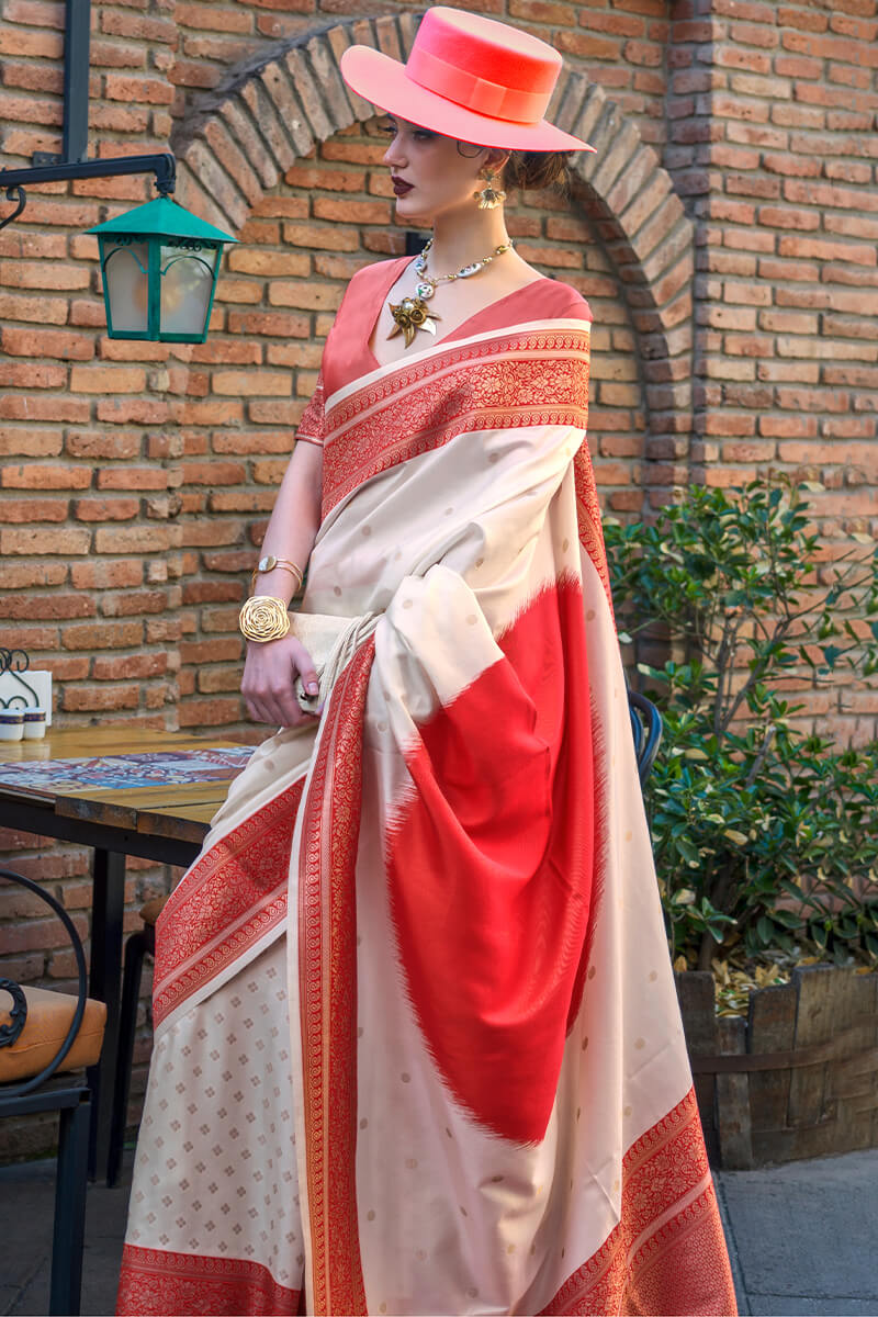 Beauteous Beige and Red Soft Banarasi Silk Saree With Divine Blouse Piece