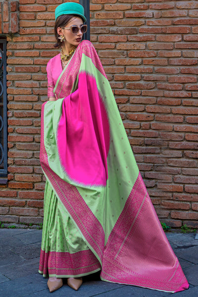 Propinquity Pink Soft Banarasi Silk Saree With Denouement Blouse Piece