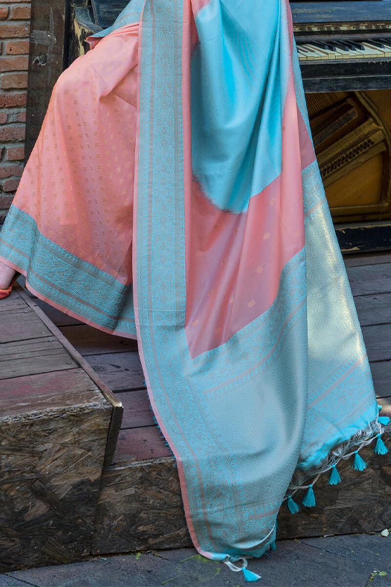 Enthralling Peach Soft Banarasi Silk Saree With Alluring Blouse Piece