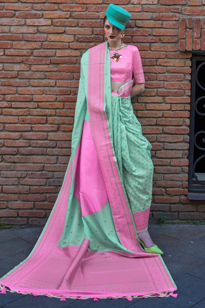 Ravishing Sea Green Soft Banarasi Silk Saree With Dulcet Blouse Piece