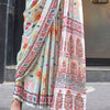 Elegant Off White Digital Printed Satin Silk Saree With Lovely Blouse Piece