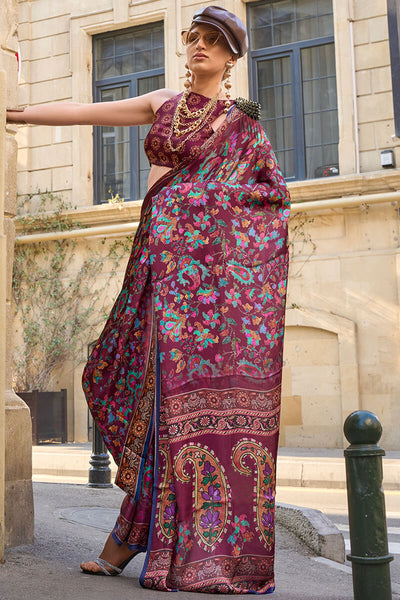 Jazzy Purple Digital Printed Satin Silk Saree With Adorable Blouse Piece