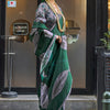 Groovy Dark Green Digital Printed Satin Silk Saree With Flamboyant Blouse Piece