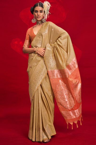 Sempiternal Beige Soft Banarasi Silk Saree With Woebegone Blouse Piece