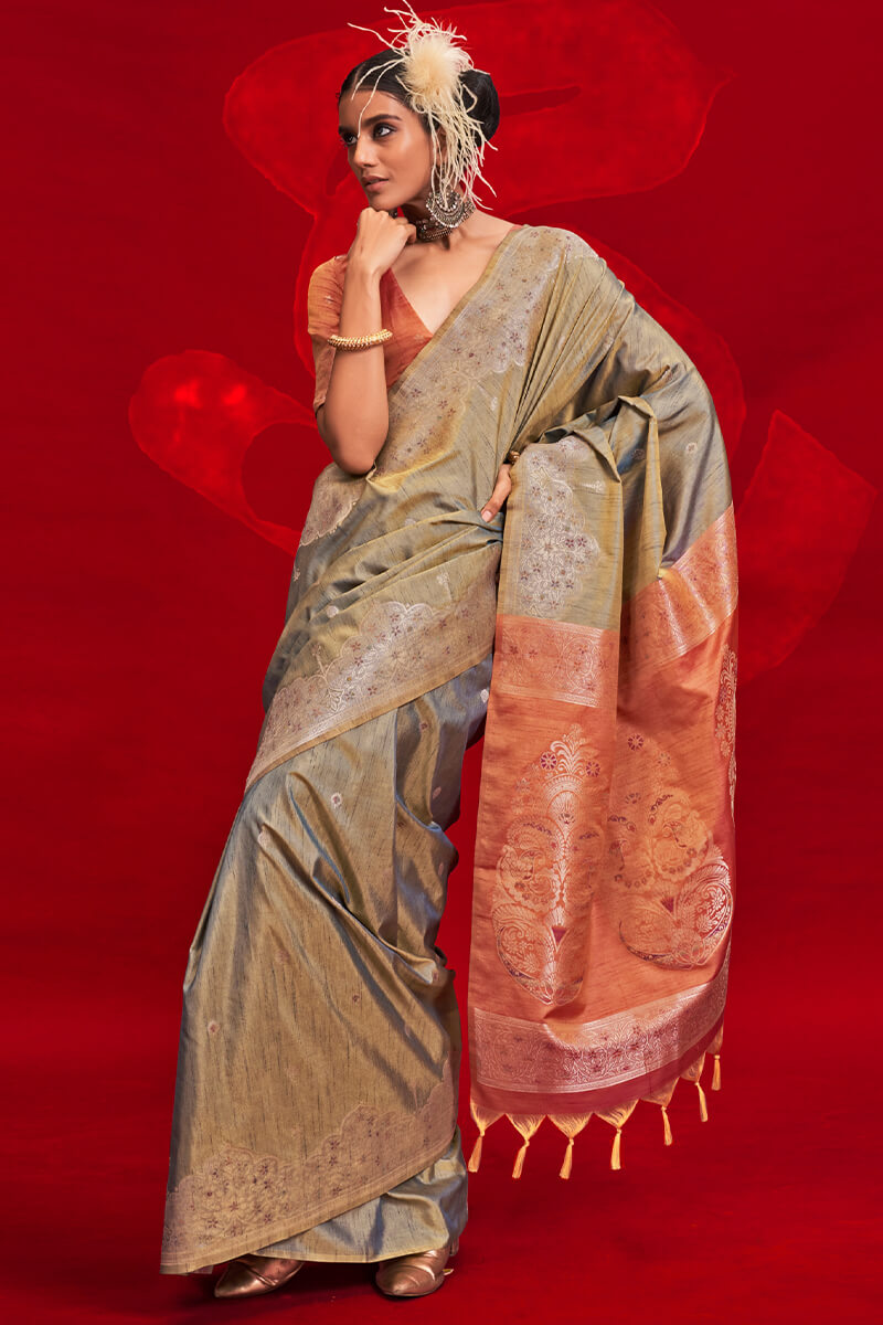 Imaginative Grey Soft Banarasi Silk Saree With Unequalled Blouse Piece