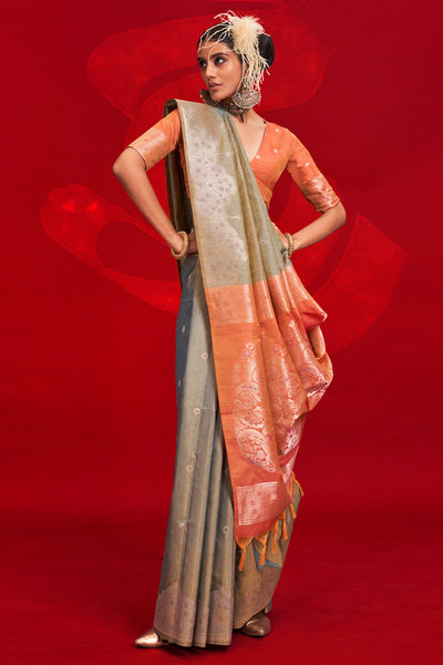 Imaginative Grey Soft Banarasi Silk Saree With Unequalled Blouse Piece