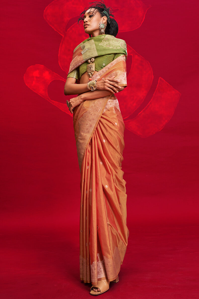 Enthralling Orange Soft Banarasi Silk Saree With Alluring Blouse Piece