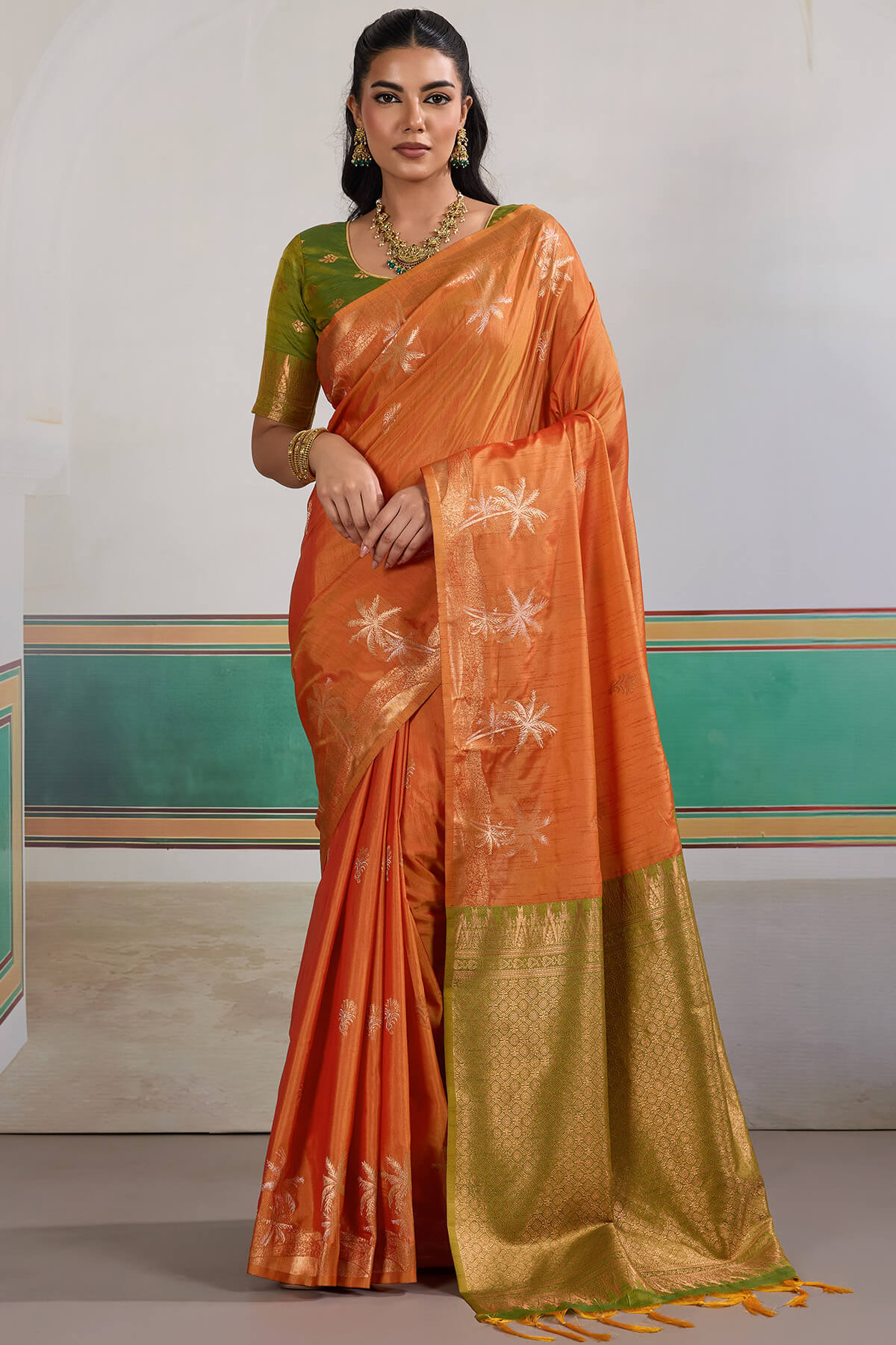 Seraphic Orange Banarasi Tussar Silk Saree With Extraordinary Blouse Piece